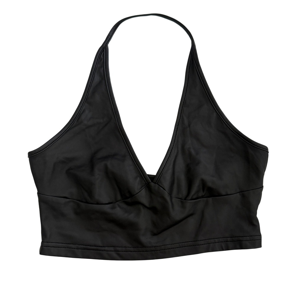 Womens Y2K Black Faux Leather Halter Babydoll Crop Top S Fairy Grunge Whimsigoth